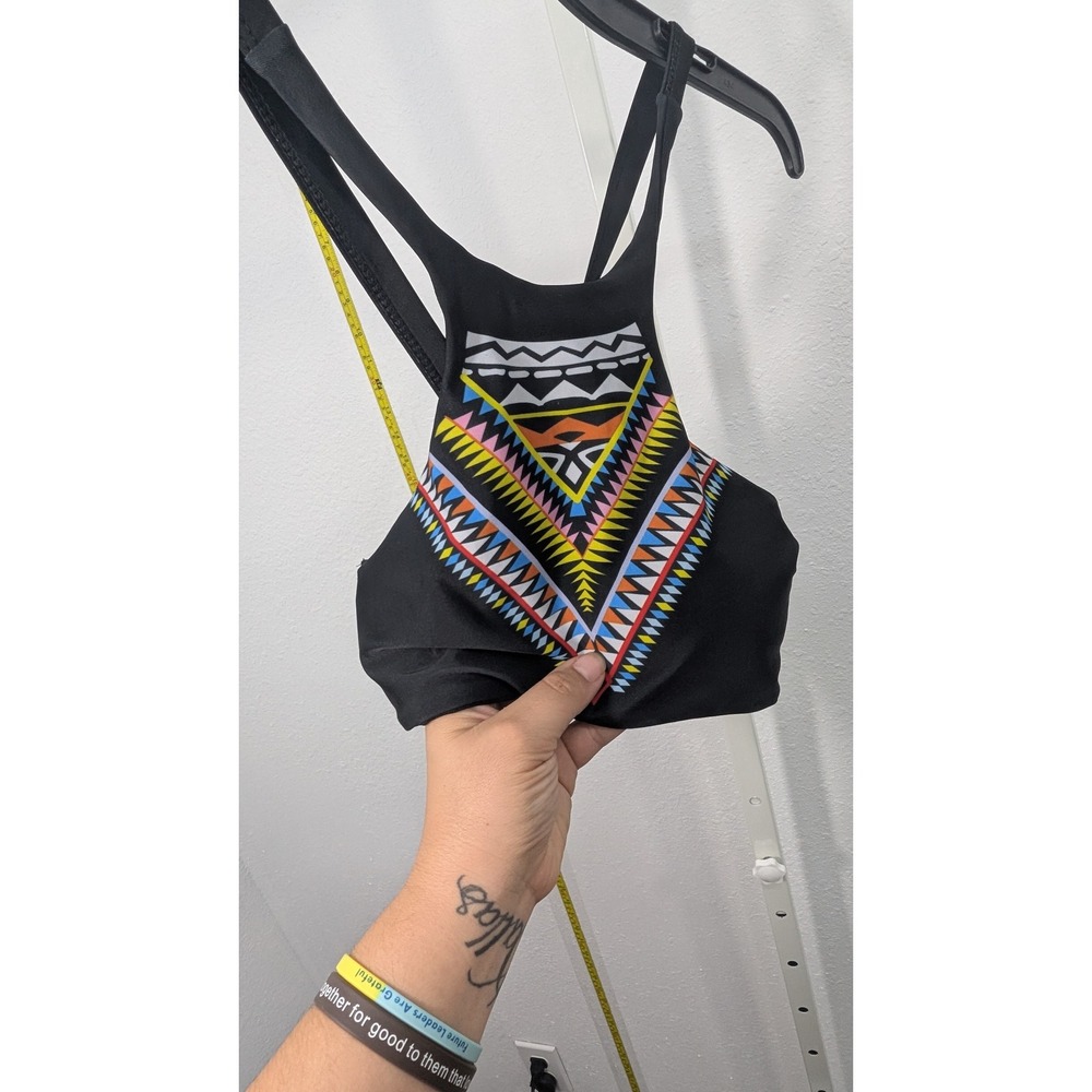 High Neck Aztec Print Bikini Top Black Geometric Racerback Swim Top